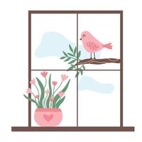 A cute pink bird sits outside the window on a branch. Spring coming illustration. There is a flower pot on the windowsill. Vector illustration in hand drawn style.