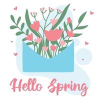 Cute postcard with an envelope with pink flowers and leaves. Spring envelope with flowers. Spring illustration. Spring postcard with lettering. Hand drawn style vector illustration.