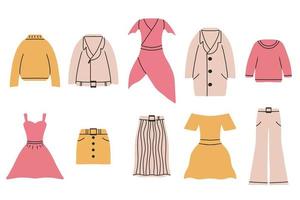 Set of women's spring clothes. Stylish women's clothing. Dresses, skirts, jackets and trousers. Vector set in a hand-drawn style.