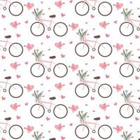 pattern with cute pink bike and birds. Pattern with a bicycle in a basket of flowers. Spring pattern. Vector pattern in cartoon style.