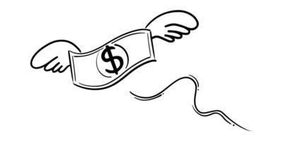 Doodle of Money flying like a bird isolated on a white background. hand drawn  vector illustration.