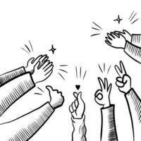 Hand Drawn sketch style of applause, thumbs up gesture. Human hands clapping ovation. on doodle style, vector illustration.