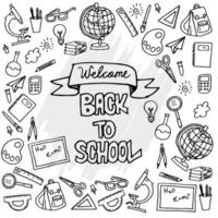 Back to School banner with hand drawn line art icons of education, science objects and office supplies, school supplies. Concept of education background. vector