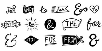 ampersands y lemas con letras a mano. ampersands de garabatos vintage, cinta, lemas, caligrafía. conjunto de elementos de diseño dibujados a mano. ilustración vectorial vector