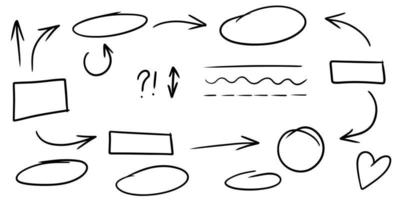 Doodle de líneas, flechas, círculos y curvas vector.Elementos de diseño dibujados a mano aislados sobre fondo blanco para infografía. ilustración vectorial. vector