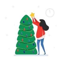 mujer solitaria decorar con estrella árbol de año nuevo, año nuevo y navidad, ilustración plana - celebración de un día festivo - año nuevo, vector de dibujos animados aislado sobre fondo blanco