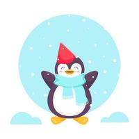 pingüino en una bufanda, una gorra se regocija en la nieve. Navidad y Año Nuevo. divertido personaje de dibujos animados de un amable pingüino. pingüino de navidad, mascarada. ilustración vectorial vector