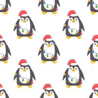 Penguins seamless pattern. Cartoon penguin in a hat, scarf, and garlands. Vector cute winter illustration blue background. Merry Christmas and Happy New Year seamless pattern with penguins in vector