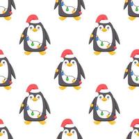 Penguins seamless pattern. Cartoon penguin in a hat, scarf, and garlands. Vector cute winter illustration blue background. Merry Christmas and Happy New Year seamless pattern with penguins in vector