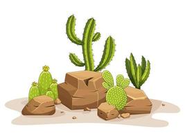 Cactus with thorns and stones. Mexican green plant with spines and rocks. Element of the desert and southern landscape. Cartoon flat vector illustration. Isolated on white background