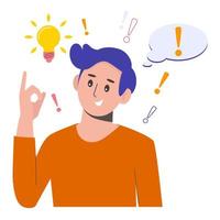 Problem solving concept. A man thinks and solves a problem. A luminous bulb as symbol of the appearance of a creative idea. Cartoon flat illustration