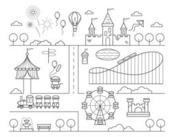mapa del parque de atracciones. circo, montaña rusa noria y atracciones para niños. parque infantil. ilustración vectorial de contorno.