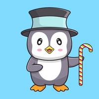 lindo adorable pingüino con sombrero negro sosteniendo bastón bastón genial ilustración vectorial de dibujos animados vector