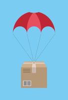 A vector illustation of a package flying on parachute on light blue background. Symbol of dropshipping. Drop shipping online store icon