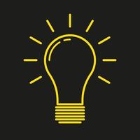 Yellow light bulb outline icon vector isolated on black background. Idea, thinking, solution, innovation symbol. Electric lamp