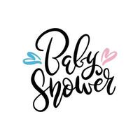 Baby shower text isolated on white background for party invitation, greeting card, banner. Handwritten holiday calligraphy. Vector lettering illustration with hearts