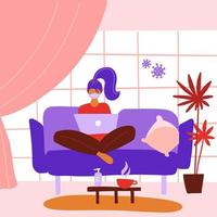 Work from home during an outbreak of the COVID-19 virus. People work at home to prevent virus infection. Woman working on the couch. Girl in a mask works on a laptop at home sitting on sofa vector