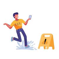 Inconsiderate man character do not see warning yellow sign and slips fall on wet floor. Recklessness folly concept element. Vector flat cartoon graphic illustration