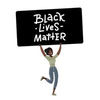 personaje de manifestante de chica negra americana. justicia para los negros. contra la discriminación racial en la policía. las vidas negras importan la pancarta. ilustración colorida plana de dibujos animados vectoriales. vector