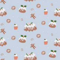 Seamless background with Christmas pastry - pudding, cake, cookies, cupcake, gingerbread. Vector flat hand drawn pattern on light blue background