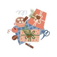 Christmas presents preparation process concept. Winter holiday surprises wrapping. Craft paper, hot beverage and gift boxes. Xmas and New Year packaging souvenirs. Top view. Flat Vector illustration.