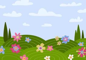 escena del paisaje rural con cipreses. fondo de paisaje de campo de verano con campos verdes, pradera, nubes, hierba, flores, árboles, cielo azul. ilustración de vector de estilo de dibujos animados de diseño plano.