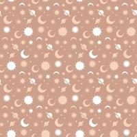 Hand drawn abstract flat graphic seamless pattern with celestial moon, sun and stars, mystic and simple collage shapes isolated on beige background. Simple vector illustration in boho style.