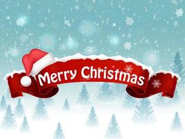 Merry christmas background with red realistic ribbon banner and snow vector