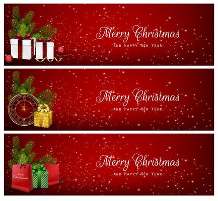 Set of christmas banners with gift boxes,bag and clock.Vector