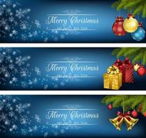 Set of winter christmas banners with gift boxes, balls and bells vector