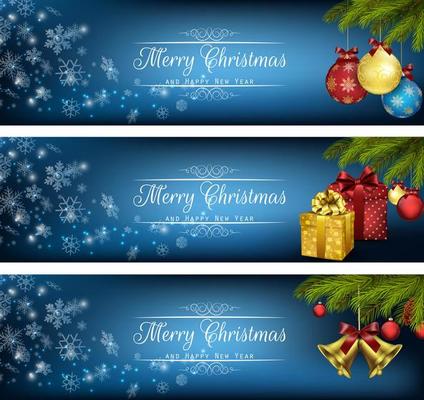 Set of winter christmas banners with gift boxes, balls and bells