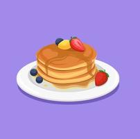 Pancake with butter and fruit topping  on dish. dessert menu symbol cartoon illustration vector