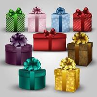 ilustración de un conjunto de coloridas cajas de regalo con lazos y cintas vector de fondo