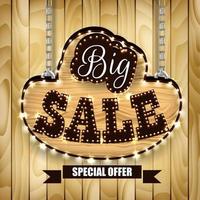 Retro design poster for big sale with gift boxes, balls, and pine tree on wood background.vector vector