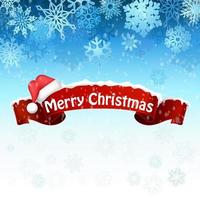 Merry christmas background with red realistic ribbon banner and snow. vector