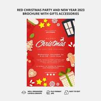 Red christmas party and new year 2023 brochure with gifts accessories vector