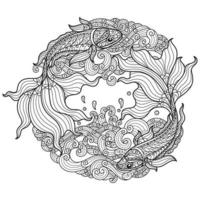 Fish and sea waves hand drawn for adult coloring book vector