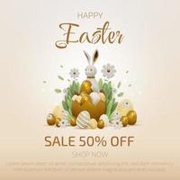 3d realistic bunny with gold easter egg elements with flower and leaf decorations. vector