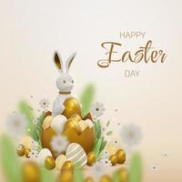 3d realistic bunny with gold easter egg elements with flower and leaf decorations. vector