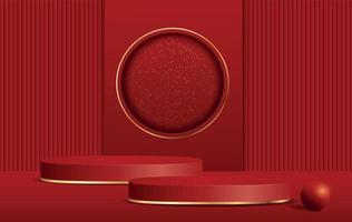 Abstract 3D dark red cylinder pedestal podium with golden circle and glitter backdrop. Luxury dark red wall scene for product display presentation.