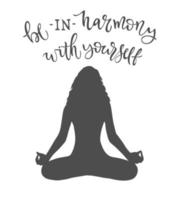 Monochrome illustration of girl silhouette in lotus position isolated on white background. Vector template with lettering for stamp, sticker, stencil, banner. Poster for International Yoga Day.