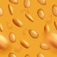 Seamless pattern with flying almonds. Realistic vector illustration. Template for print and packaging design, website, postcard, textile, clothing. Photorealistic vector background.