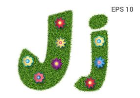 Jj - capital and capital letters of the alphabet with a texture of grass. Moorish lawn with flowers. Isolated on white background. Vector illustration