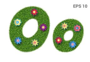 Oo - capital and Oopital letters of the alphabet with a texture of grass. Moorish lawn with flowers. Isolated on white background. Vector illustration