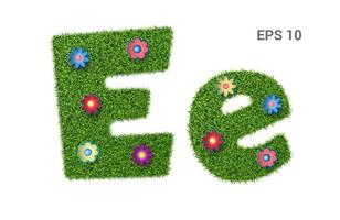 Ee - letters of the alphabet with grass texture. Moorish lawn with flowers. Symbol of summer, ecology. Isolated on white background. Vector illustration