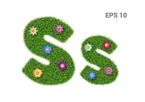 Ss - letters of the alphabet with grass texture. Moorish lawn with flowers. Symbol of summer, ecology. Isolated on white background. Vector illustration