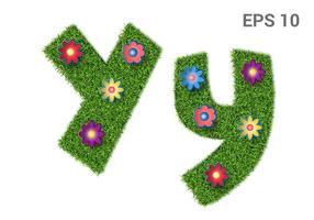 Yy - capital and capital letters of the alphabet with a texture of grass. Moorish lawn with flowers. Isolated on white background. Vector illustration