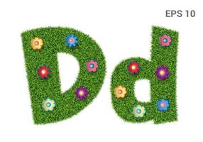 Dd - capital and capital letters of the alphabet with a texture of grass. Moorish lawn with flowers. Isolated on white background. Vector illustration