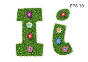 Ii - capital and capital letters of the alphabet with a texture of grass. Moorish lawn with flowers. Isolated on white background. Vector illustration