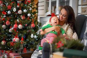 mom and little son in Christmas decor photo